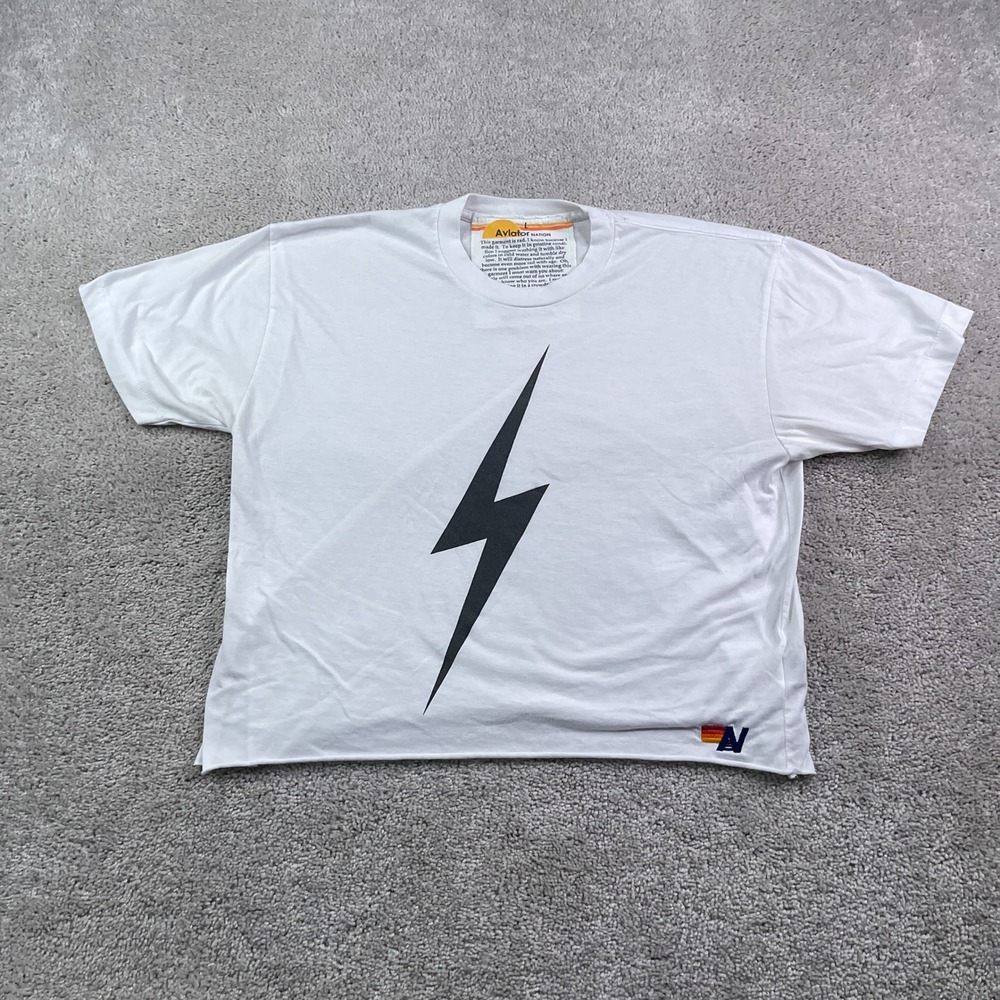 Aviator Nation Shirt Womens Large White Cropped Bolt Tee Lightning Boyfriend